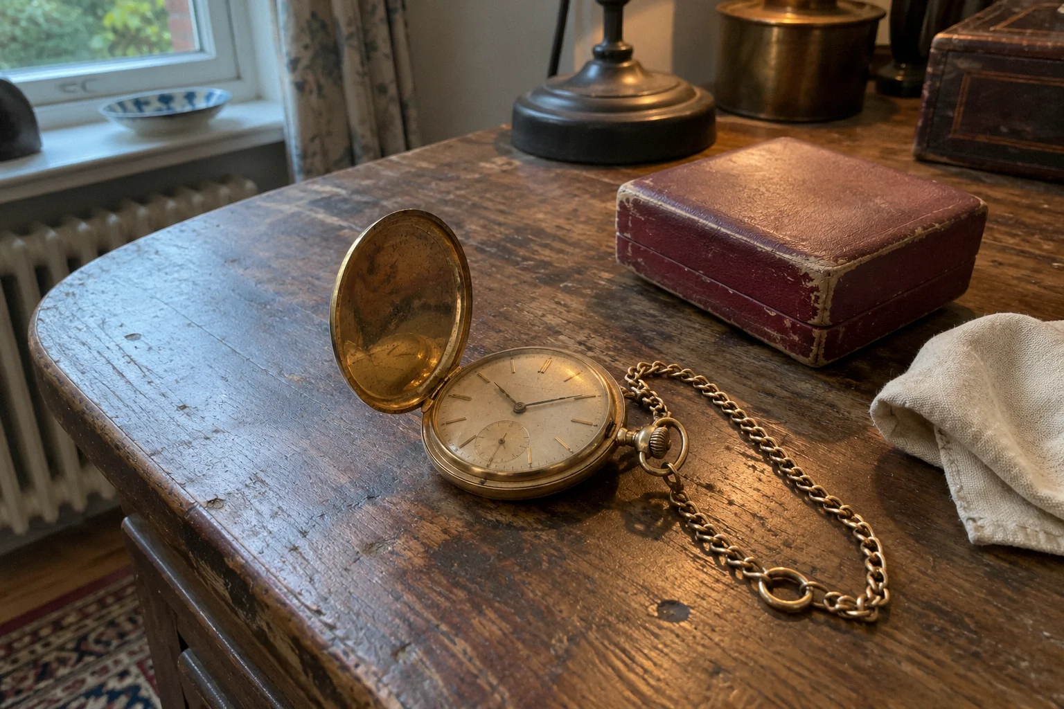 Objets anciens réunis sur une table avant rachat