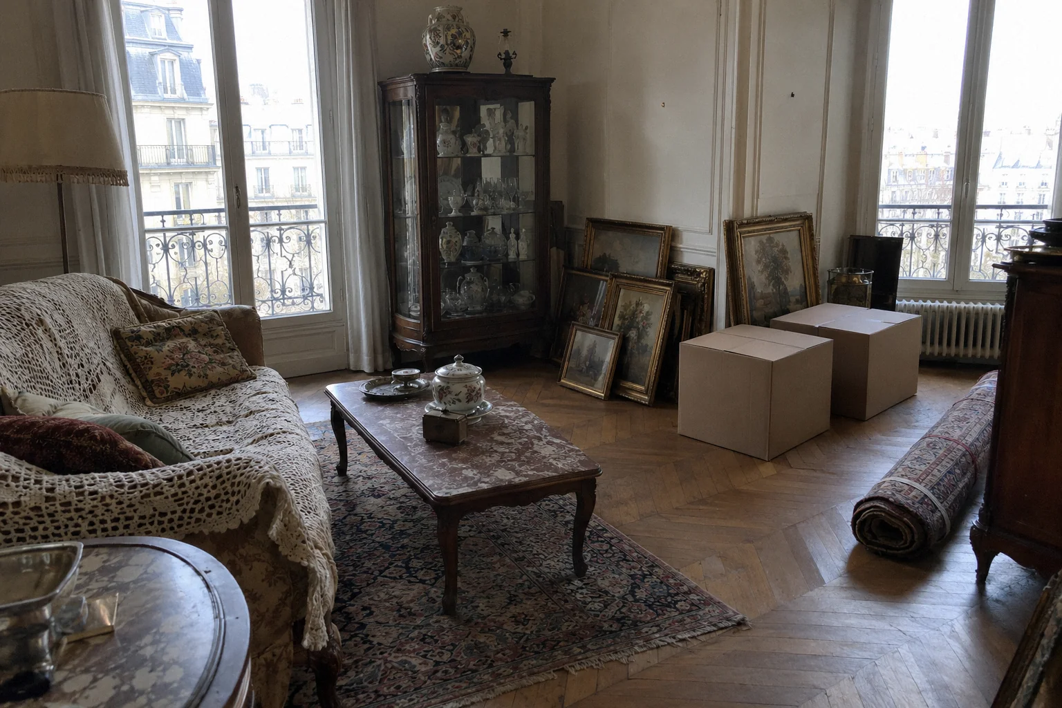 Salon d'un appartement parisien pendant une succession