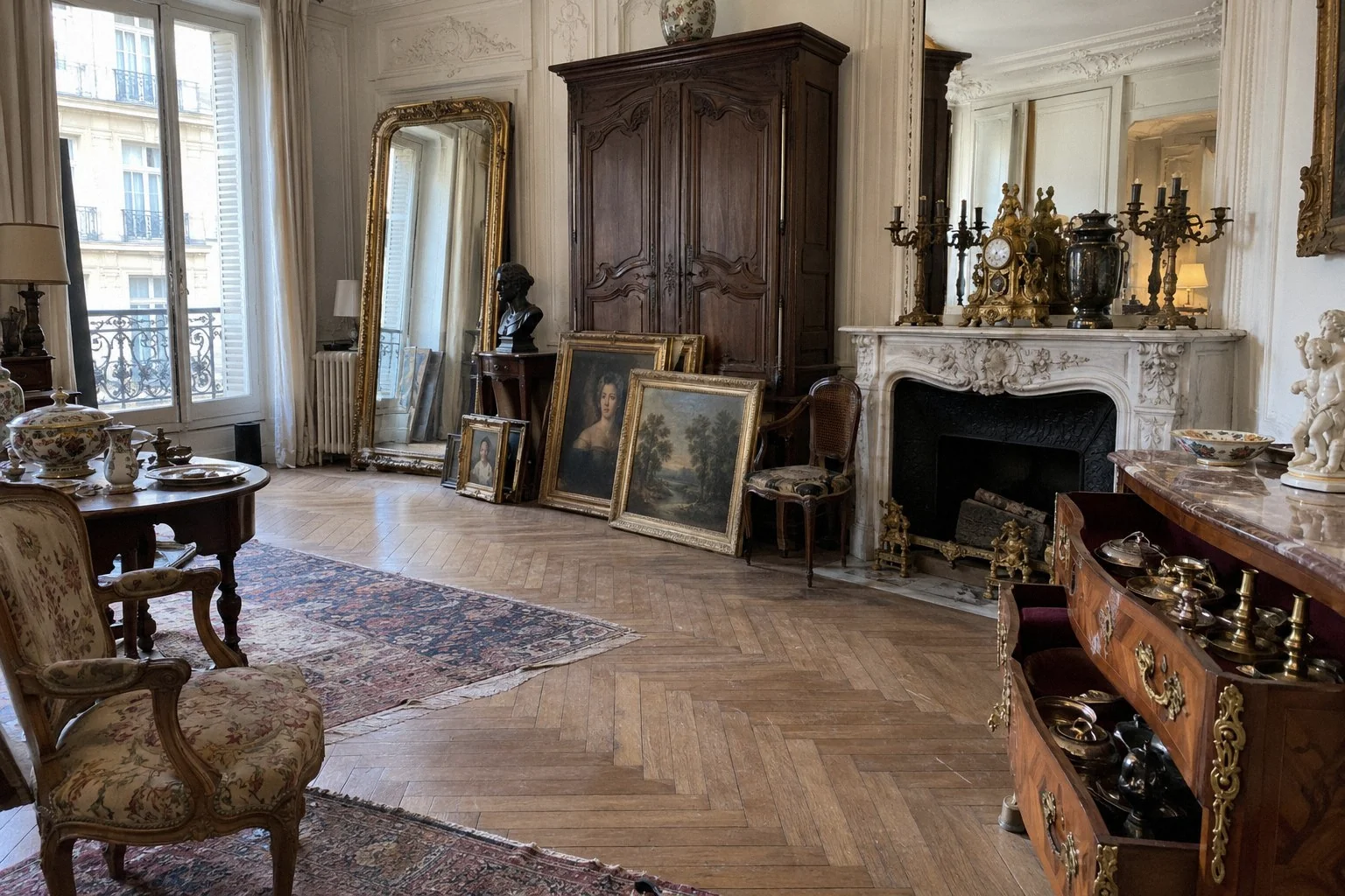 Salon haussmannien en cours de tri, avec des meubles anciens à évaluer pour une succession