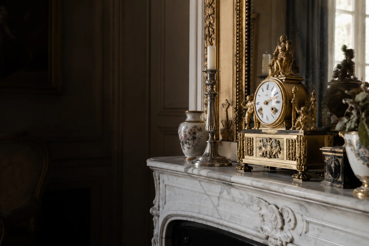 Pendule en bronze doré sur une cheminée en marbre
