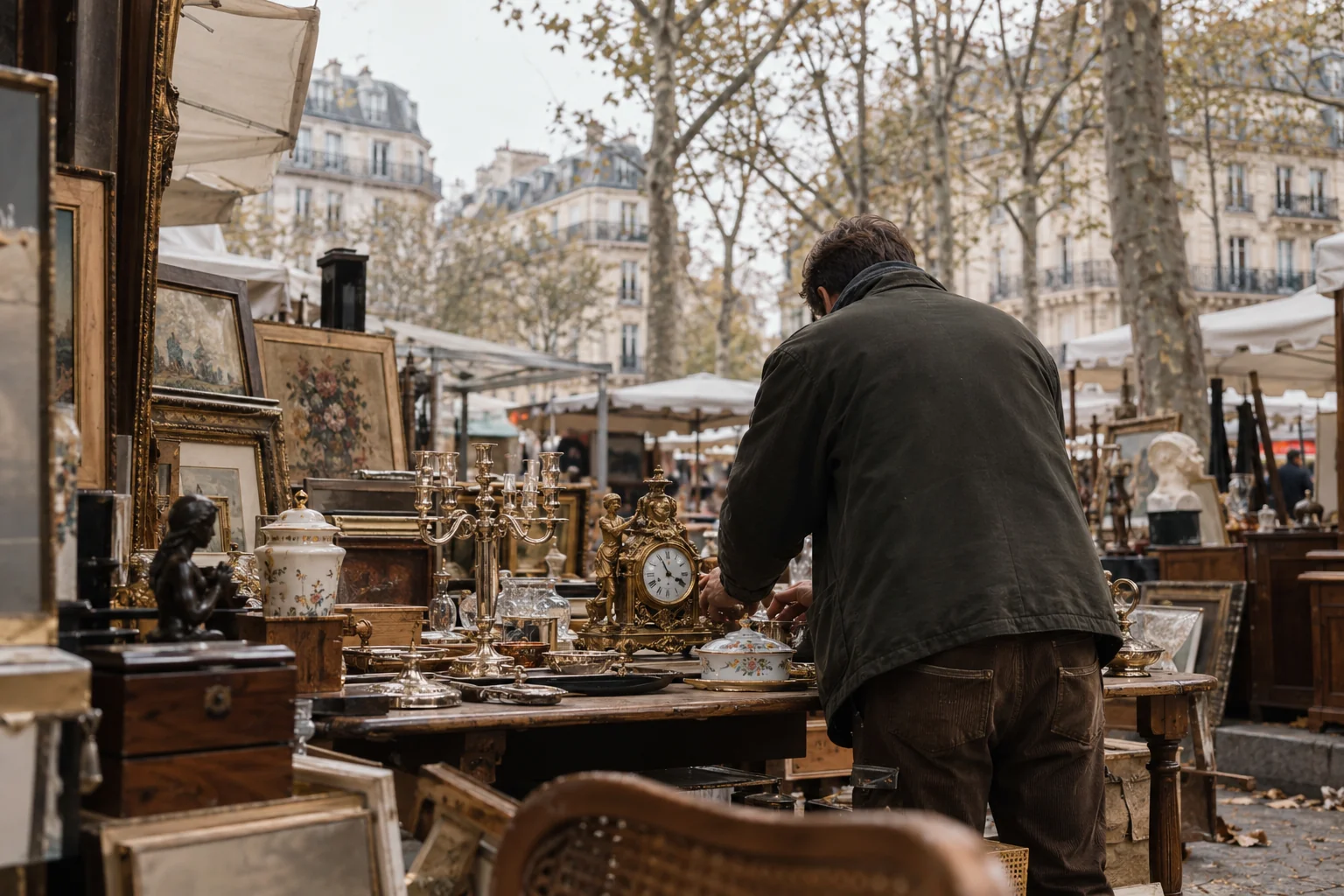 Stand d'antiquaire aux Puces de Vanves le samedi matin