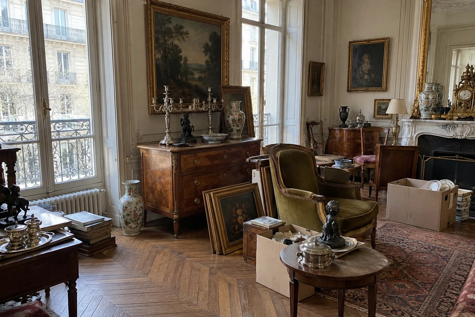 Salon haussmannien en cours de tri, avec des meubles et des objets rassemblés avant une succession