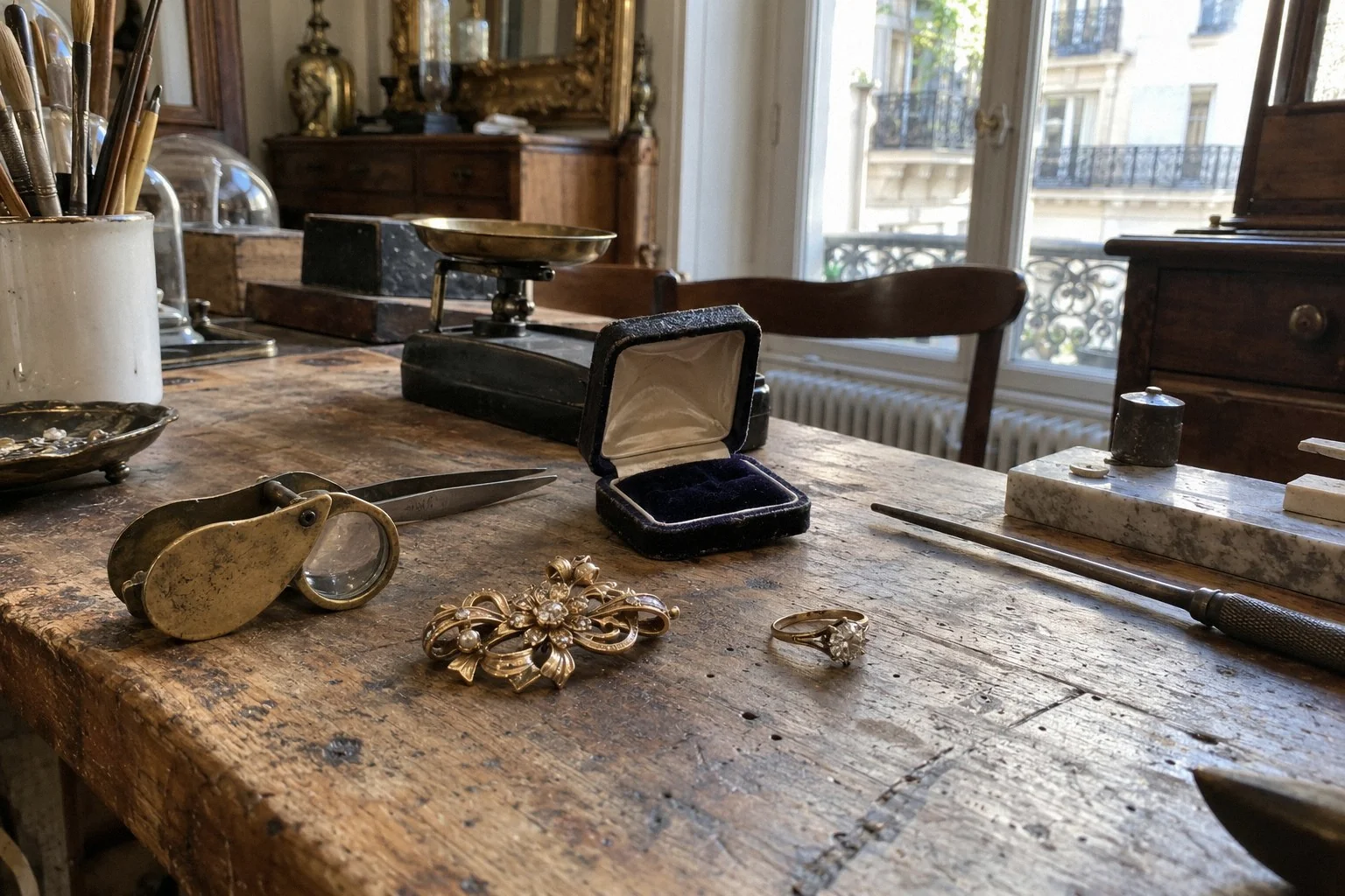 Bague et broche anciennes en or posées côte à côte